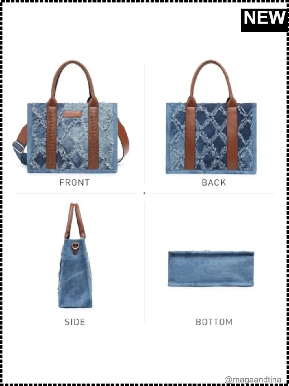 Denim Tote Bag Quilted Diamond Vegan Leather Satchel with Wristlet